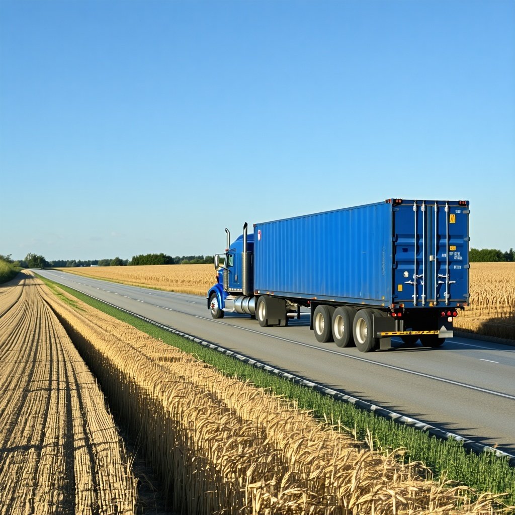 a blue american intermodal container truck driving down the highway with a farm field of grain and corn next to it